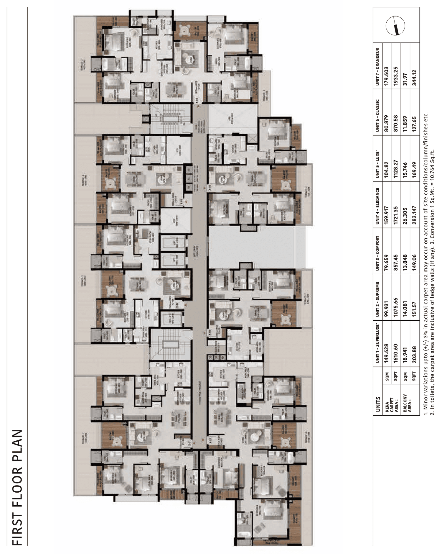 Apartment first floor plan with unit area schedule