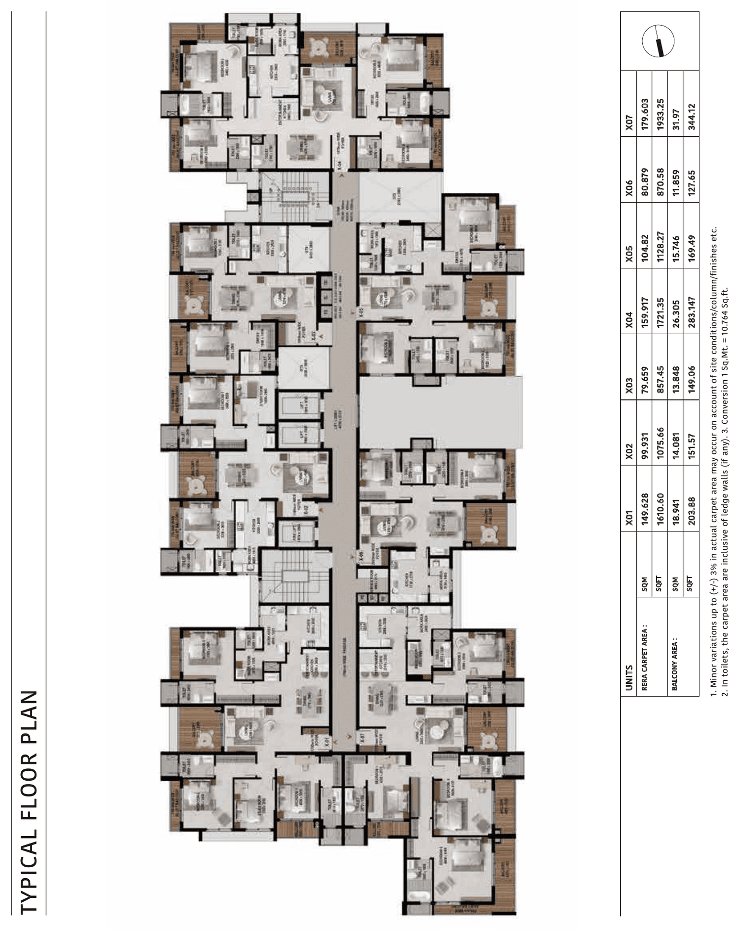 Apartment typical floor plan with unit area schedule